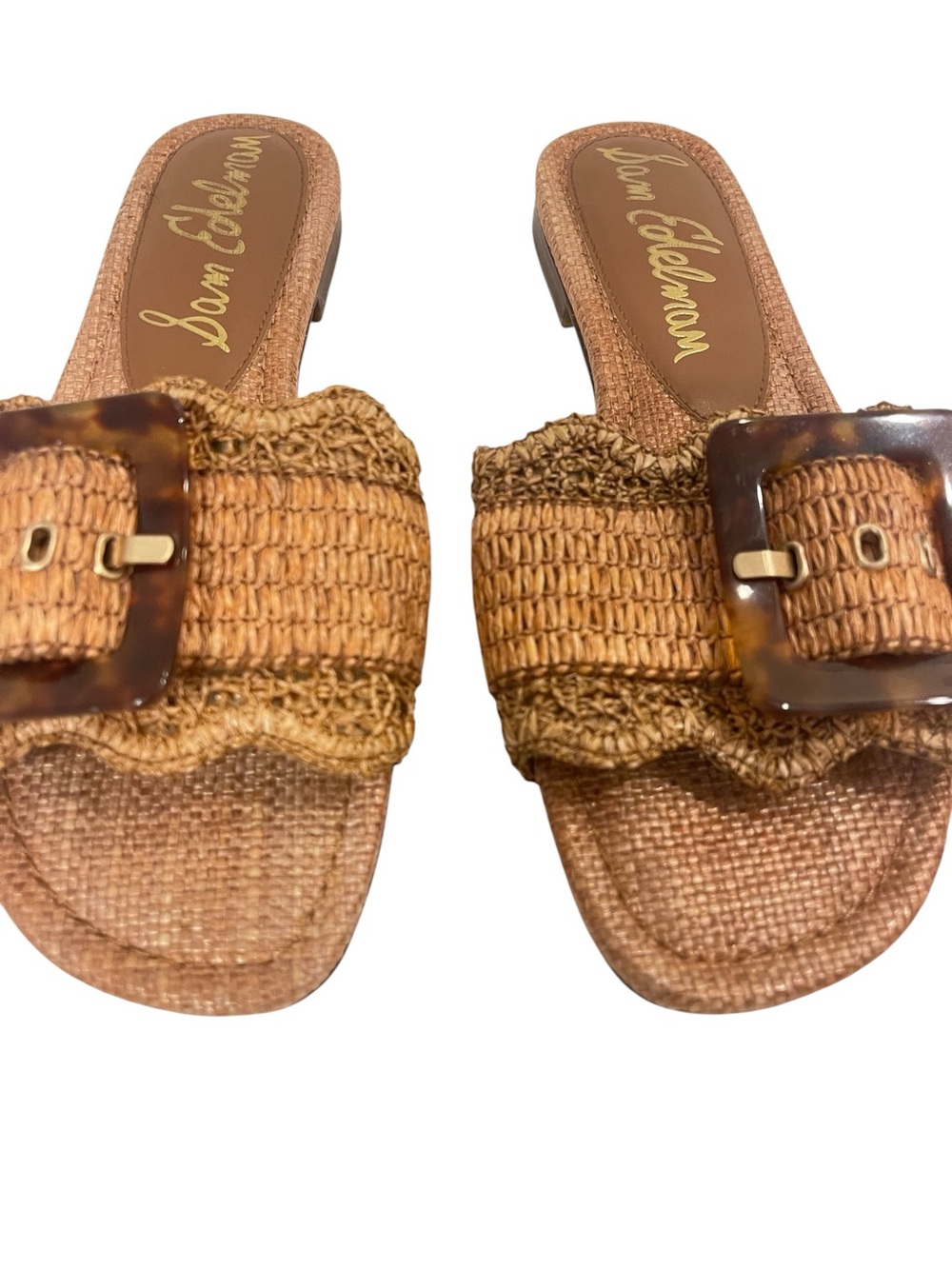 Sam Edelman Bambi Cuoio Brown Raffia Woven Slide Sandals with Buckle - Picture 3 of 5